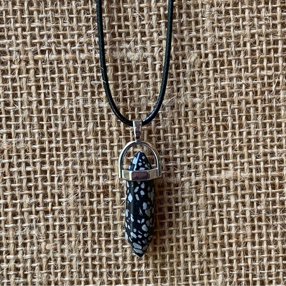 Snowflake Obsidian Crystal Healing Point Pendant Necklace Black Cord Chain 20" - Picture 2 of 8